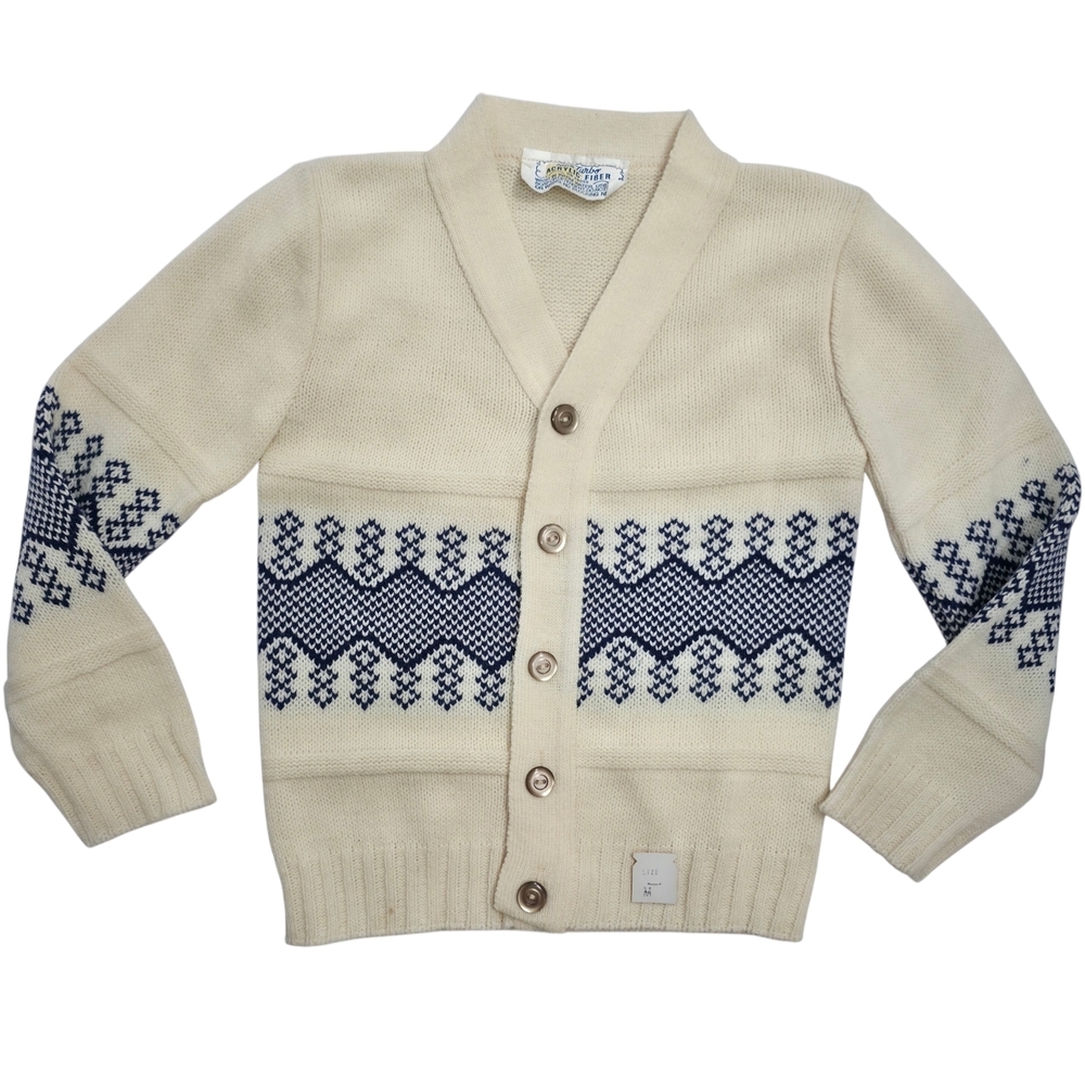 Vintage 70s Boys Nordic Cardigan 4T 5T Cream Blue Sweater